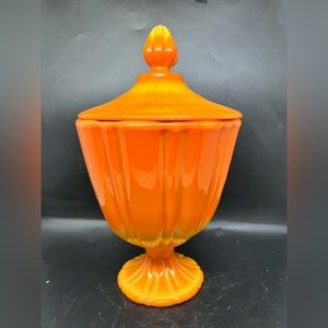 Vintage LE Smith Bittersweet Orange Swirl Slag Glass Candy Dish Compote Footed